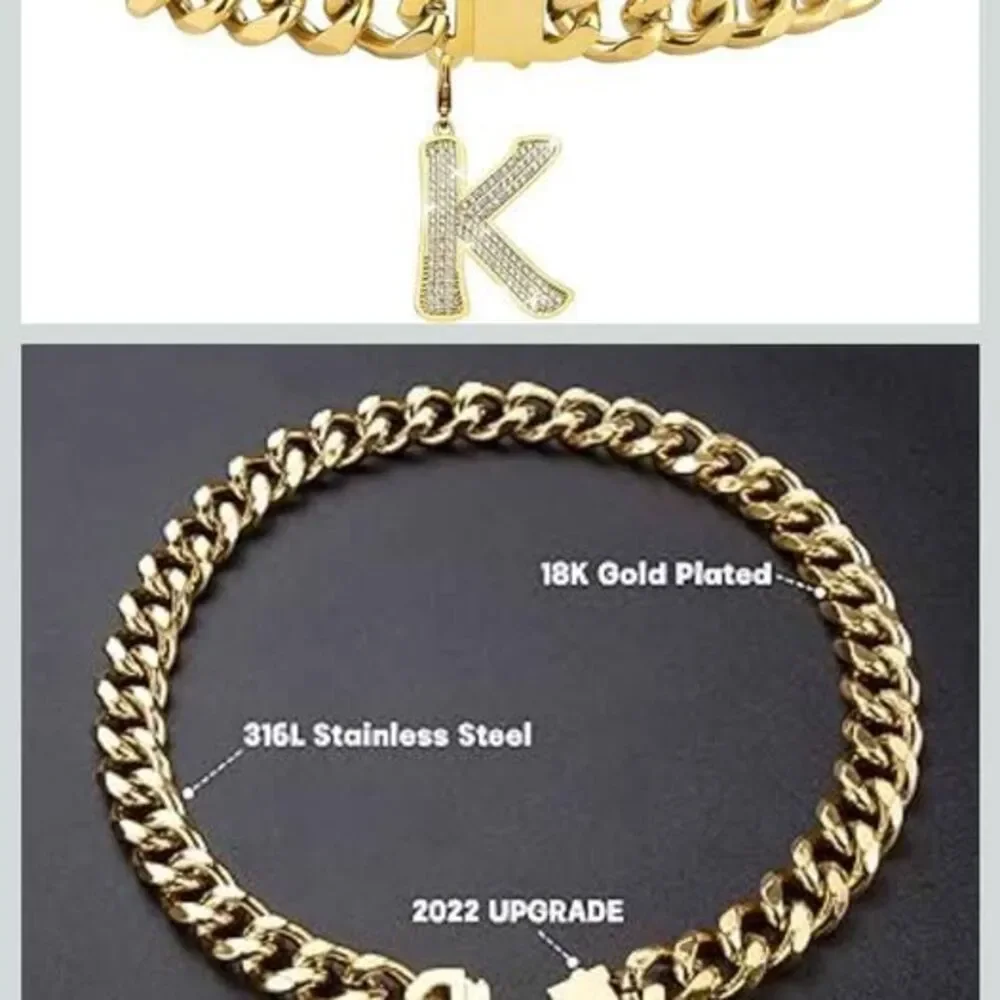 Gold Chain Dog Collar Personalized Letter Dog Necklace with Bling Zircons Metal